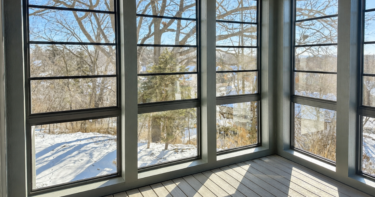 Elevated porch with fixed glass fall protection under black single Xtend windows.