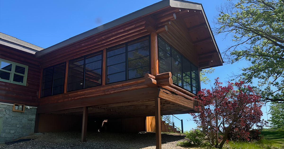 Log three season porch with mulled porch windows