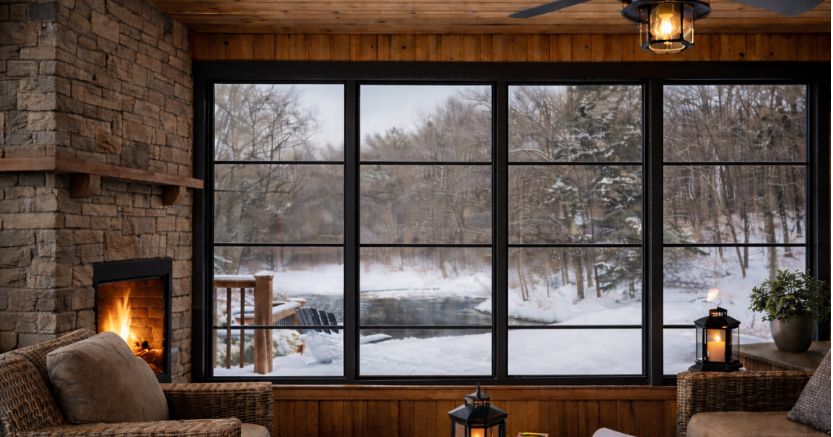 Cozy winter porch windows scene